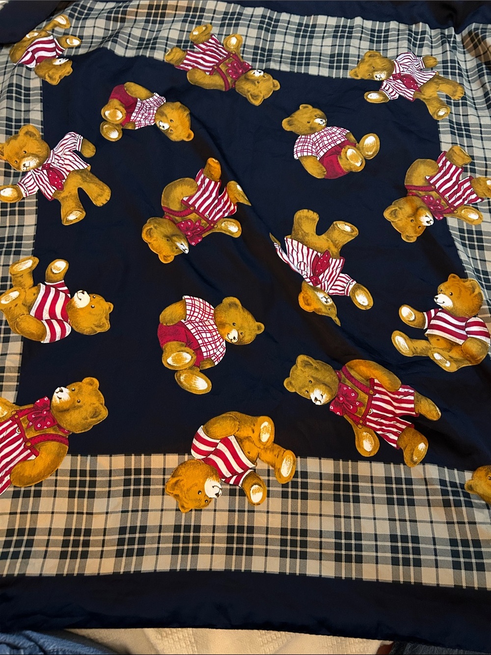 Vintage  Teddy Bear Print Plaid Scarf - Navy & Gold